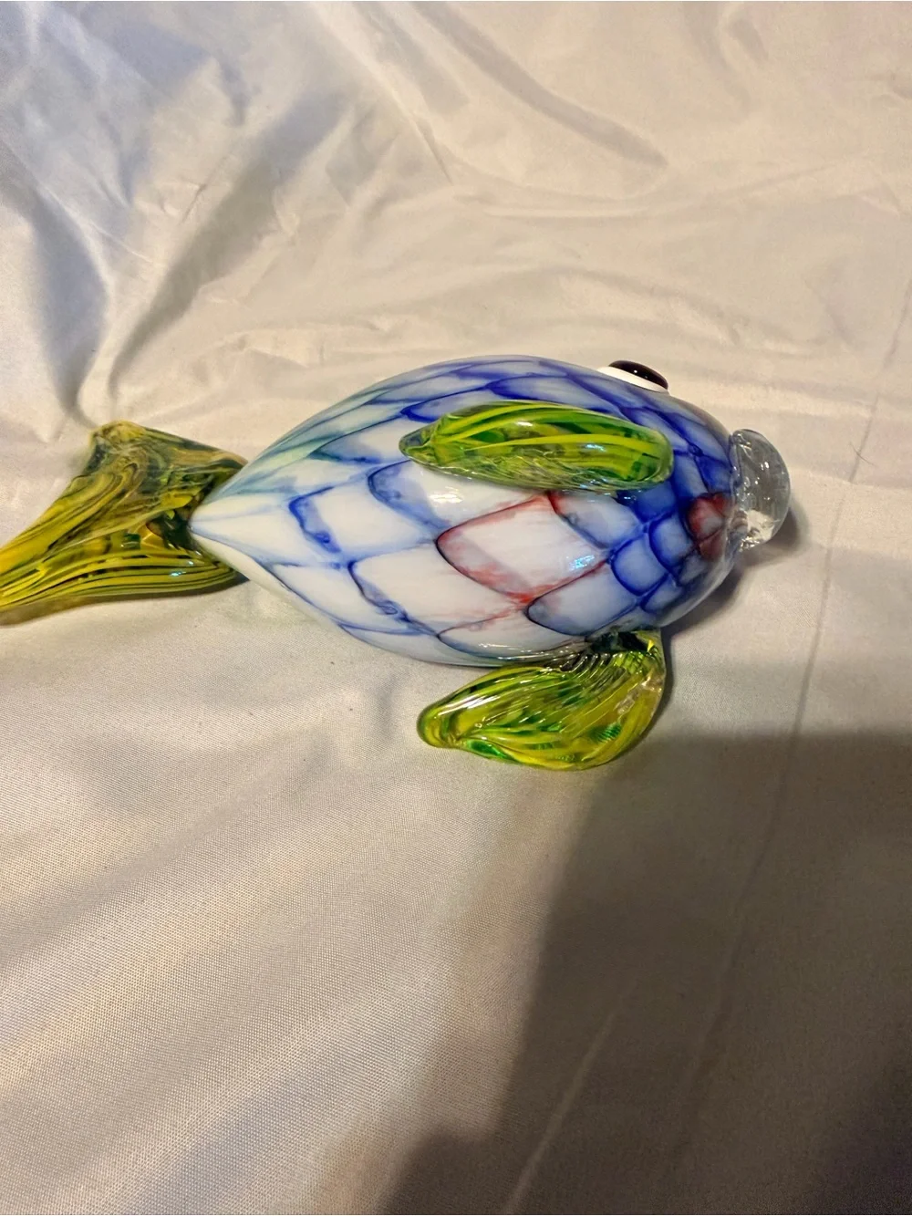 Handblown Art Glass Fish Figurine 9” Blue Green Yellow Coastal Ocean Decor